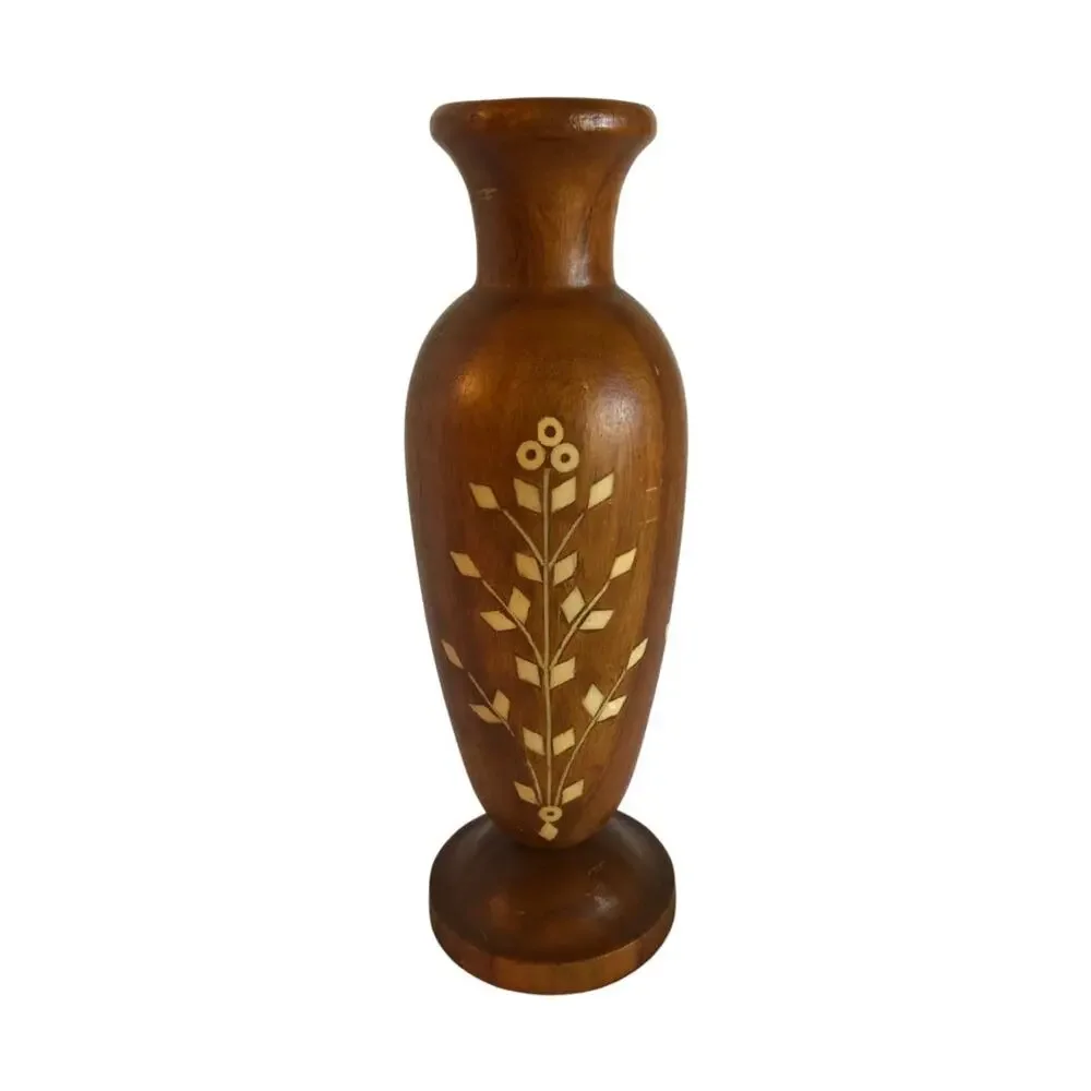 Vintage tall Wood Vase with White Bone inlaid design, hand crafted